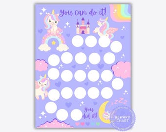 Könnte beinhalten: Ein druckbarer Belohnungs-Chart in Lila und Rosa mit einem Einhorn-Motiv. Der Chart zeigt ein Einhorn, das auf einem Regenbogen reitet, ein Schloss und einen Mond mit Sternen. Der Chart hat 30 Kreise für Sticker oder andere Belohnungen. Der Text "You can do it!" und "You did it!" ist auf dem Chart enthalten.