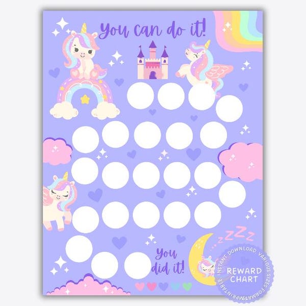 May include: A light purple reward chart featuring unicorns, a castle, rainbows, clouds, and stars. The text reads "You can do it!" at the top and "you did it!" at the bottom. It includes twenty-five blank white circles for tracking progress.