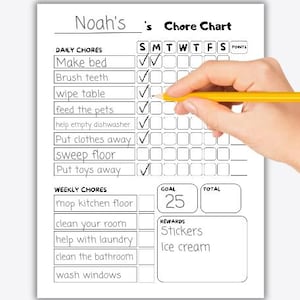 Op de afbeelding: Een wit takenoverzicht met zwarte tekst getiteld Noah's Chore Chart. Het bevat secties voor dagelijkse en wekelijkse klusjes, selectievakjes voor de dagen van de week, een doelvak met het getal 25 en een beloningssectie met stickers en ijs.