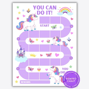 Puede incluir: Un cuadro de recompensas imprimible con temática de unicornio. El cuadro tiene un fondo morado con un camino que lleva a un castillo. El camino está decorado con estrellas, corazones, mariposas y cupcakes. El texto "You Can Do It!" está en la parte superior del cuadro. El texto "Reward" está en la parte inferior del cuadro.