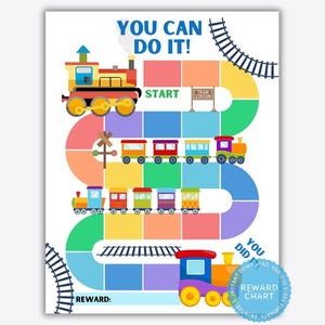 Pode incluir: Um quadro de recompensas colorido com tema de trem com um design de trilho de trem. O quadro apresenta uma locomotiva, vagões de trem e as palavras "You Can Do It!" e "Recompensa".