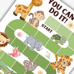 Puede incluir: Un juego de mesa de tem&aacute;tica de selva colorido con las palabras "You Can Do It!" en la parte superior. El tablero del juego presenta un camino sinuoso con varias ilustraciones de animales, incluyendo una jirafa, un mono, un le&oacute;n, un rinoceronte, una tortuga, un perezoso, un caim&aacute;n, un tigre y un loro.