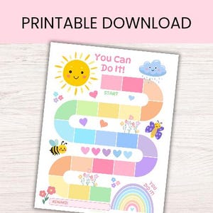 Könnte beinhalten: Ein farbenfrohes, druckbares Belohnungsdiagramm mit dem Text "You Can Do It!". Es zeigt eine Sonne, eine Wolke, eine Biene, einen Schmetterling und einen Regenbogen. Das Diagramm hat Felder für Belohnungen und ist in Pastellfarben gestaltet.