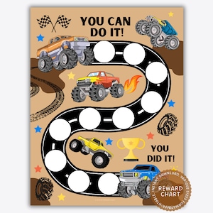 Tableau de comportement imprimable de Monster Truck pour garçons : apprentissage de la propreté, tâches ménagères, récompenses - téléchargement immédiat
