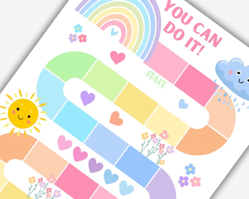 May include: A colorful board game with a rainbow, sun, and cloud illustrations. The game path is a winding road with pastel-colored squares, hearts, and flowers. Text reads "YOU CAN DO IT!" and "START".