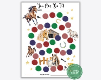 May include: A printable horse-themed reward chart with colorful circles, stars, and horses. The chart has the text "You Can Do It!" and "Go!" and "Whoa!" and "You did it!" and "My Reward:".