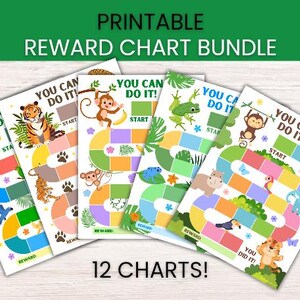 Peut inclure: Un ensemble de tableaux de récompenses imprimables comprenant 12 modèles illustrés d'animaux de la jungle, tels que des tigres, des singes, des grenouilles et des éléphants. Chaque tableau affiche le texte "YOU CAN DO IT!" et "START".