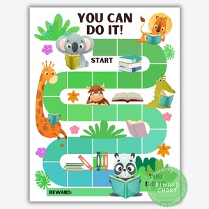 May include: A colorful game board with a green path and animal illustrations. The board features the text "You Can Do It!" and "Start". The game board is designed for children to learn about reading.