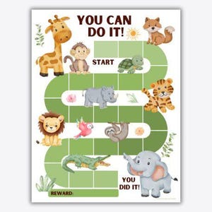 Full shot of the printable zoo reward chart on a white background, displaying the complete winding path and various safari animal illustrations without any overlaid badges.