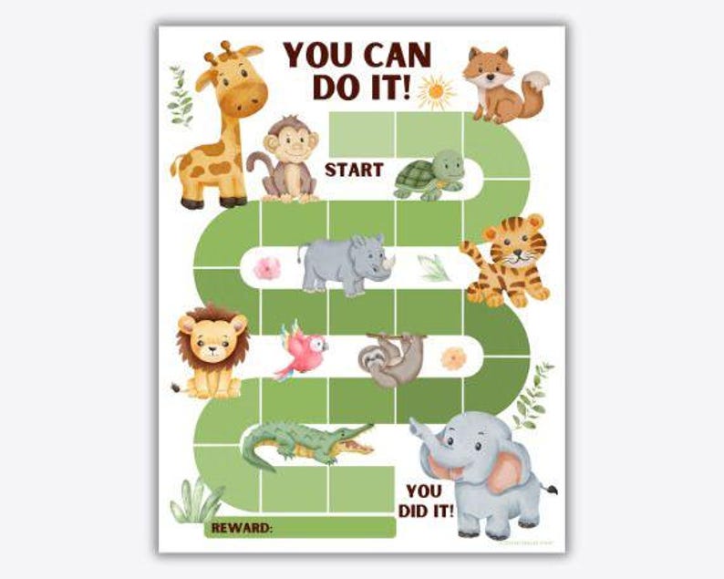 Full shot of the printable zoo reward chart on a white background, displaying the complete winding path and various safari animal illustrations without any overlaid badges.