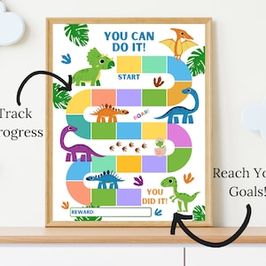 Puede incluir: Un gr&aacute;fico colorido con tem&aacute;tica de dinosaurios con el texto "You Can Do It!" en la parte superior. El gr&aacute;fico presenta un tablero de juego con un camino para realizar un seguimiento del progreso hacia una meta. El gr&aacute;fico incluye las palabras "Start", "Roar!" y "You Did It!" junto con un espacio para una recompensa.