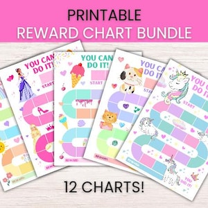 May include: A set of printable reward charts featuring the text YOU CAN DO IT! and 12 CHARTS! The designs include colorful illustrations of rainbows, princesses, ice cream, cats, and unicorns with paths of blank squares for tracking progress.