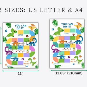 Puede incluir: Un tablero de juego imprimible con tem&aacute;tica de dinosaurios con un camino colorido y el texto "You Can Do It!" en una pancarta azul claro. El tablero est&aacute; disponible en dos tama&ntilde;os: 8,5 pulgadas por 11 pulgadas y 8,27 pulgadas por 11,69 pulgadas.