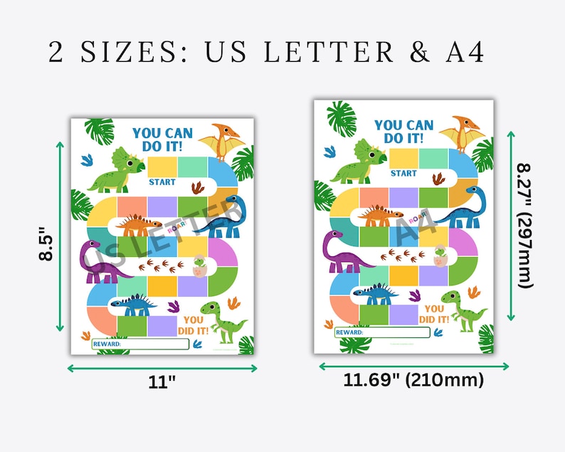 Puede incluir: Un tablero de juego imprimible con tem&aacute;tica de dinosaurios con un camino colorido y el texto "You Can Do It!" en una pancarta azul claro. El tablero est&aacute; disponible en dos tama&ntilde;os: 8,5 pulgadas por 11 pulgadas y 8,27 pulgadas por 11,69 pulgadas.