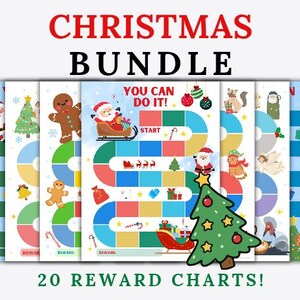 May include: A Christmas bundle of 20 reward charts featuring colorful game board designs with holiday illustrations including Santa Claus, gingerbread people, Christmas trees, and gifts. The text reads CHRISTMAS BUNDLE, YOU CAN DO IT!, and REWARD.