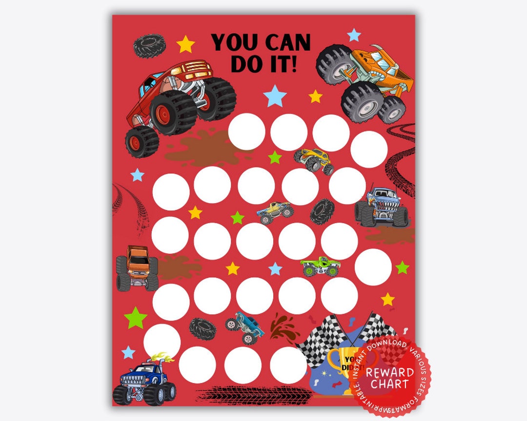 Monster Truck Potty Chart, Printable Reward for Kids, Sticker Chart for ...