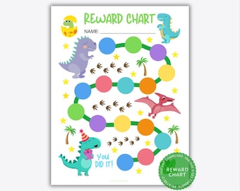 May include: A reward chart featuring the text REWARD CHART and YOU DID IT. The design includes colourful circles forming a path, various dinosaur illustrations, palm trees, and yellow stars on a white background. A green circular badge is present.