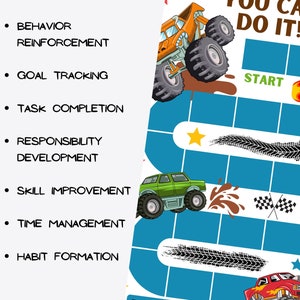 May include: A blue and white game board with a monster truck theme. The board has a path with tire tracks and stars. The text "You Can Do It!" is at the top of the board. The text "Start" is at the bottom of the board.