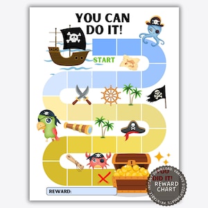Tableau des récompenses pirates pour garçons – Tableau d'autocollants imprimables, suivi du comportement des tout-petits, motivation sur le thème du trésor, téléchargement immédiat