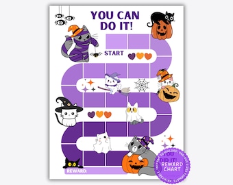 Tabela nagród dla kotów na Halloween, tabela nagród dla dzieci do druku, tabela naklejek dla kotów, śledzenie nawyków, tabela zachowań w klasie, tabela nauki korzystania z toalety