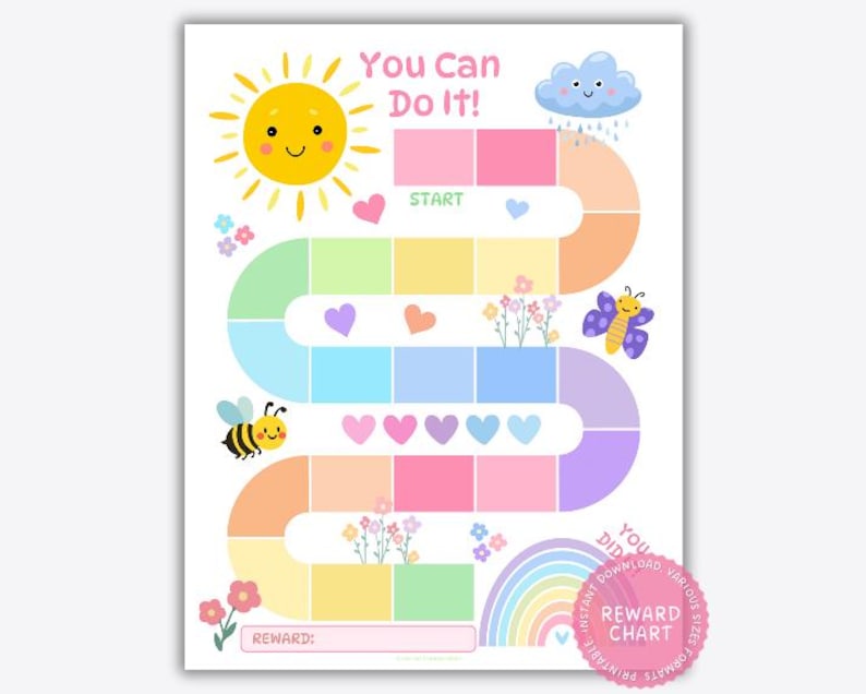 Tabella di addestramento al vasino "Sole e Arcobaleno" per bambine, tabella dei premi stampabile, tracker di attività e vasino in colori pastello, download digitale, routine prescolare immagine 1