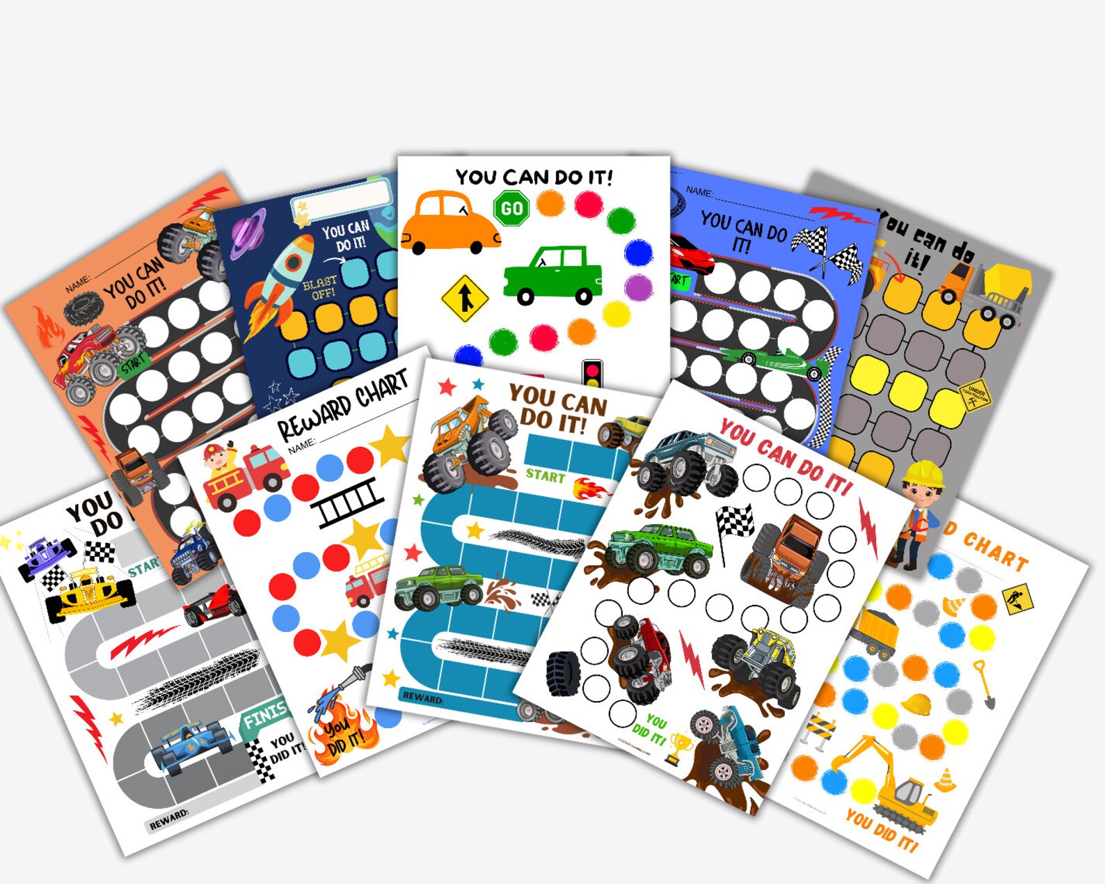 Vehicle Reward Chart Bundle, Monster Truck, Firetruck, Rocket, Dump ...