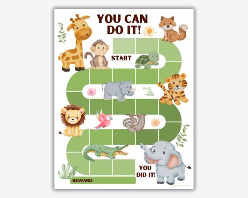 Puede incluir: Un juego de mesa de tem&aacute;tica de selva verde y marr&oacute;n con un camino para que una pieza de juego lo siga. El tablero del juego tiene las palabras "You Can Do It!" en la parte superior y "You Did It!" en la parte inferior. El tablero del juego presenta varias ilustraciones de animales, incluyendo una jirafa, un mono, una tortuga, un rinoceronte, un tigre, un perezoso, un caim&aacute;n y un elefante.