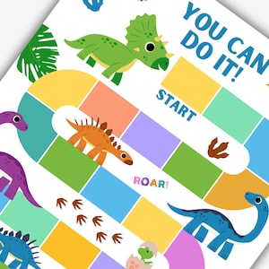 Puede incluir: Un tablero de juego colorido con tem&aacute;tica de dinosaurios con las palabras "You Can Do It!" en la parte superior y "Start" y "Roar!" en el tablero. El tablero presenta un camino con casillas de diferentes colores y huellas de dinosaurios.