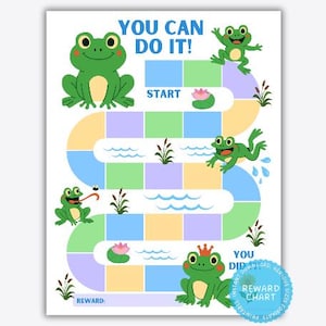 Op de afbeelding: Een kleurrijke beloningskaart met een bordspelontwerp. Het bevat groene kikkers, waterlelies en waterelementen. De tekst "YOU CAN DO IT!" staat bovenaan. De kaart is ontworpen om de voortgang bij te houden.