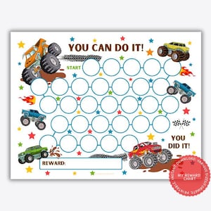 Può includere: Un grafico di ricompensa stampabile a tema monster truck con uno schema di colori blu, verde e bianco. Il grafico ha 36 cerchi da colorare e il testo "You Can Do It!" e "You Did It!" nella parte superiore e inferiore del grafico.