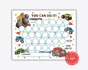 Tableau des récompenses Monster Truck, tableau des récompenses imprimable pour enfants, tableau de l'apprentissage de la propreté, tableau de comportement des garçons, tableau de la propreté des garçons, tableau des autocollants