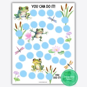 Op de afbeelding: Een afdrukbare beloningskaart met aquarel illustraties van kikkers, libellen en waterlelies. De kaart heeft blauwe cirkels om de voortgang bij te houden en de tekst "YOU CAN DO IT!" en "YOU DID IT!". Een groene cirkelvormige badge zegt "REWARD CHART".