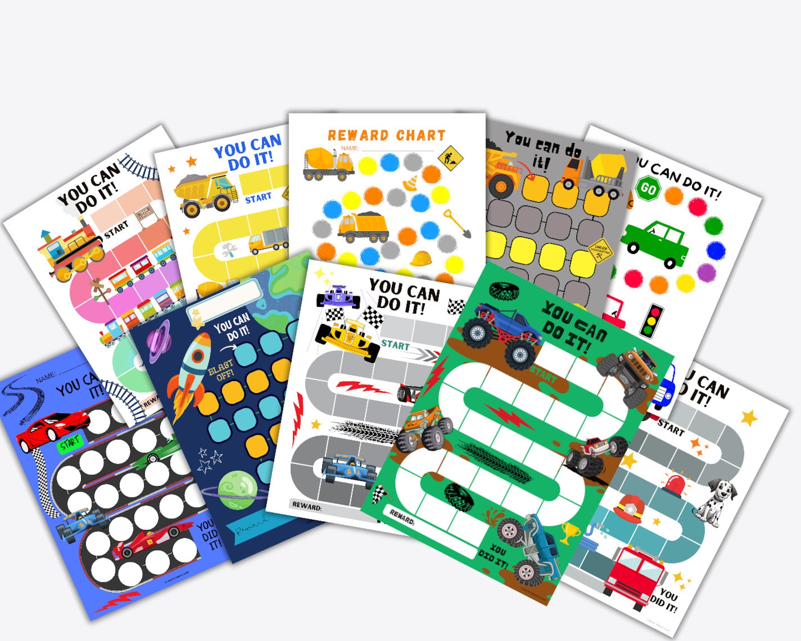 Vehicle Reward Chart Bundle, Monster Truck, Firetruck, Rocket, Dump ...