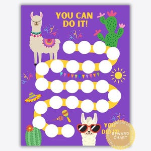 Puede incluir: Un gráfico de recompensas imprimible con un tema de llama y cactus. El gráfico tiene un camino de círculos para colorear a medida que un niño completa las tareas. El texto "You Can Do It!" está en la parte superior del gráfico.