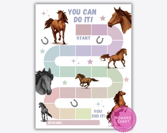 May include: A reward chart featuring a winding path of pastel-colored squares, horse illustrations, and horseshoe icons. The text reads YOU CAN DO IT! at the top, YOU DID IT! near the end, and REWARD: at the bottom, with a pink circular badge.