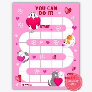 Gráfico de recompensas para gatos imprimible, gráfico de recompensas de San Valentín, gráfico de entrenamiento para ir al baño, gráfico de recompensas para niños, incentivo de comportamiento en el aula de San Valentín