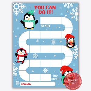 Gráfico de recompensas de pingüinos, gráfico de recompensas imprimible, gráfico de entrenamiento para ir al baño imprimible, gráfico de pegatinas en el aula de invierno, herramienta de gestión del comportamiento de los niños