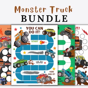 Druckbare Monster Truck Belohnungstabelle, große Autos Kinder Verhaltenstabelle, sofortiger Download-Stickertabelle, Kleinkind-Auflage, Töpfchen-Schulungstabelle Junge