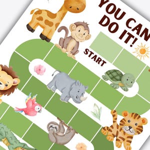 Close-up view of the upper portion of the printable zoo animal reward chart showing the start point, a monkey, a giraffe, and part of the winding green path.