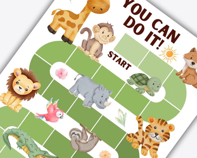Close-up view of the upper portion of the printable zoo animal reward chart showing the start point, a monkey, a giraffe, and part of the winding green path.