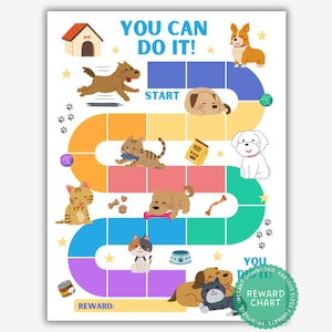 May include: A colourful printable reward chart for children featuring a dog and cat theme. The chart has a path with paw prints and stars, and includes images of dogs and cats. The text "You Can Do It!" is at the top of the chart, and "Reward" is at the bottom.