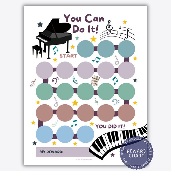 Gráfico de recompensas de piano imprimible, gráfico de recompensas musicales, gráfico de práctica de piano, práctica musical, gráfico de pegatinas de piano, gráfico de recompensas de piano preescolar