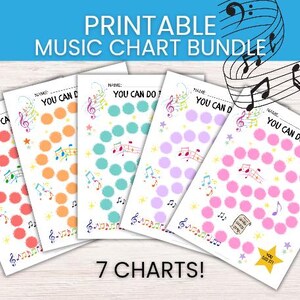 May include: A printable music chart bundle featuring five reward charts with colorful circles, musical notes, and the text "YOU CAN DO IT!" and "NAME:". The charts are displayed in a row, each with a different color theme including pink, orange, teal, and purple.
