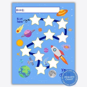 宇宙のご褒美チャート、ステッカーチャート、トイレトレーニングチャート、行動チャート、星チャート、幼児の習慣トラッカー、ロケットテーマ