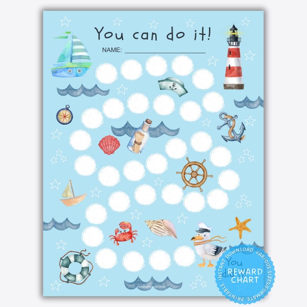 Printable Reward Chart Kids, Nautical Theme, Sticker Chart Girl, Behavior Chart Boy, Potty Training Chart, Toddler Chore, Sea Ocean School