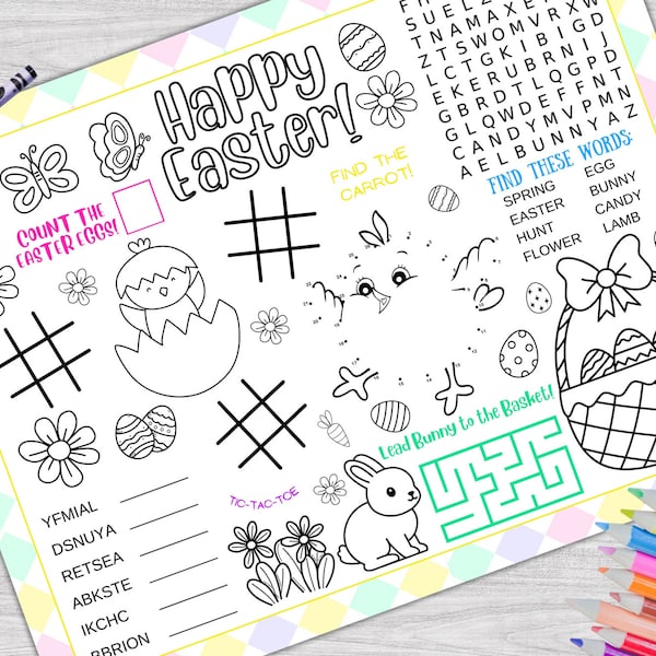 Easter Activity Placemat, Spring Coloring Placemat, Printable Easter Activity Mat, Printable Easter Placemat for Kids