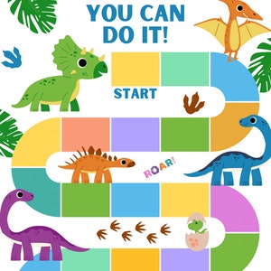 Puede incluir: Un tablero de juego colorido con tem&aacute;tica de dinosaurios con las palabras "You Can Do It!" en la parte superior y "Start" y "Roar!" en el tablero. El tablero presenta casillas de diferentes colores e im&aacute;genes de dinosaurios.