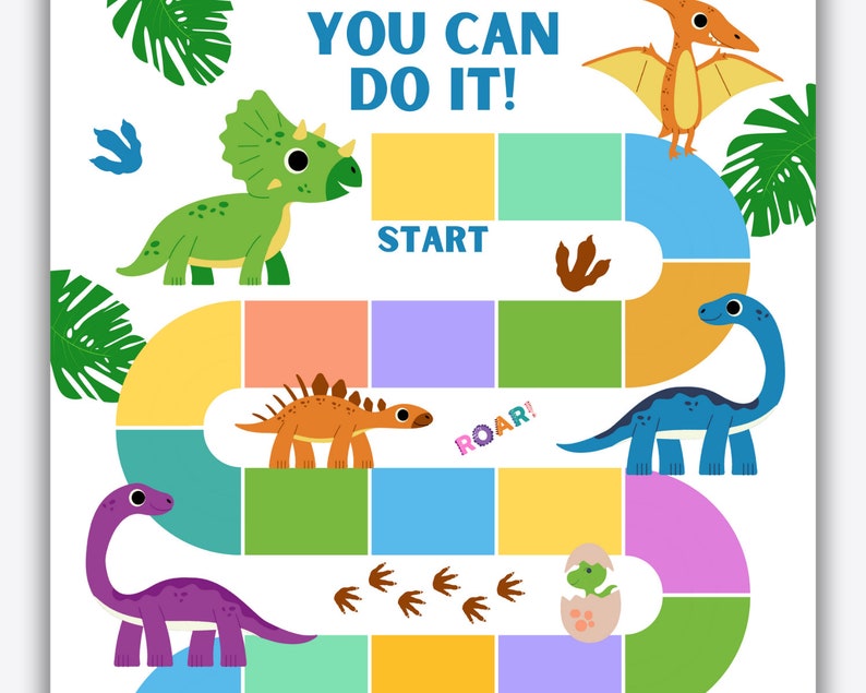 Puede incluir: Un tablero de juego colorido con tem&aacute;tica de dinosaurios con las palabras "You Can Do It!" en la parte superior y "Start" y "Roar!" en el tablero. El tablero presenta casillas de diferentes colores e im&aacute;genes de dinosaurios.