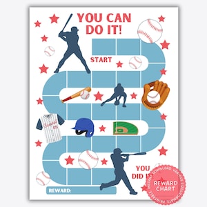 May include: A printable baseball-themed reward chart with a blue and white path, red stars, and baseball-related images. The chart says "You Can Do It!" and "Reward".