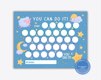 May include: A blue reward chart featuring a sheep, a sleeping moon, and stars. The text reads YOU CAN DO IT! and YOU DID IT! with a section for REWARD. It includes a path of white circles for tracking progress against a starry night sky background.